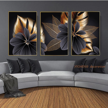 Nordic Black Golden Plant Leaf Abstract Wall Art Canvas Painting