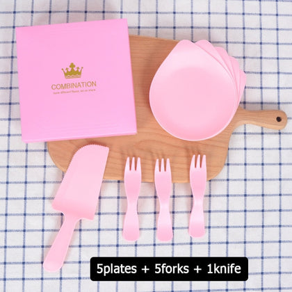 Black Pink Disposable Plastic Water Drop Plate Cake Tableware Knife Fork Plate