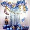 blue balloon chain, hanging horizontal flag, whiskey bottle decoration